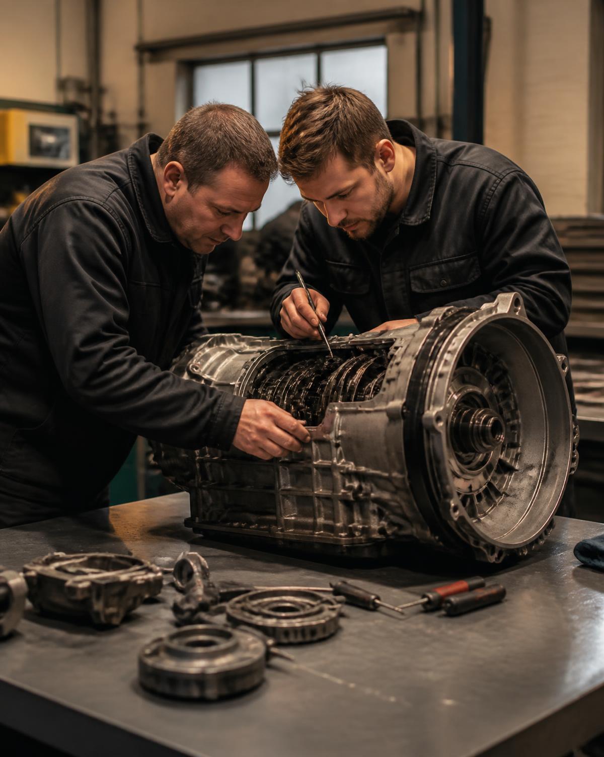 Equipe técnica inspecionando uma transmissão automotiva